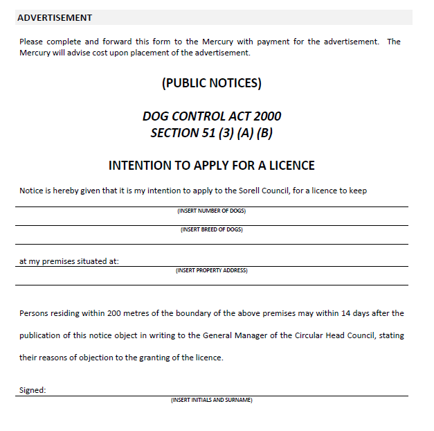 Example Advert Kennel Licence